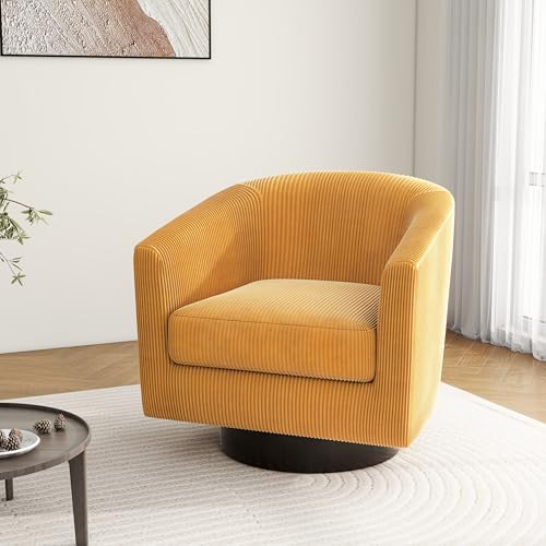 Swivel Barrel Accent Chair, Comfy Reading Armchair, Mustard, Set of 1 | Club Chairs for Adults, Low-Back Design, Modern Round Style, Solid Wood Frame & Metal Swivel Base, For Living Room & Bedroom - color: Mustard