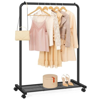 SONGMICS Clothes Rack with Wheels, Clothing Rack for Hanging Clothes, 25.4 mm Metal Garment Rack with Dense Mesh Storage Shelf, 110 lb Load Capacity, 2 Brakes, Black UHSR25BK - color: Black, style: Single Rod