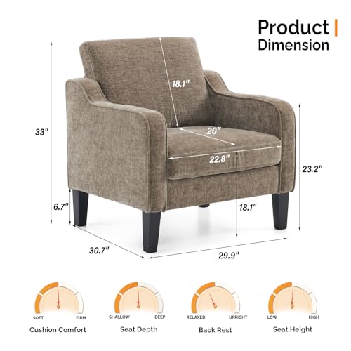 VINGLI Chair Light Brown Upholstered Chenille Accent Chair for Living Room, Bedroom, Mid-Century Modern Arm Chair Comfy Reading Chair with Scooped Arms - color: Light Brown