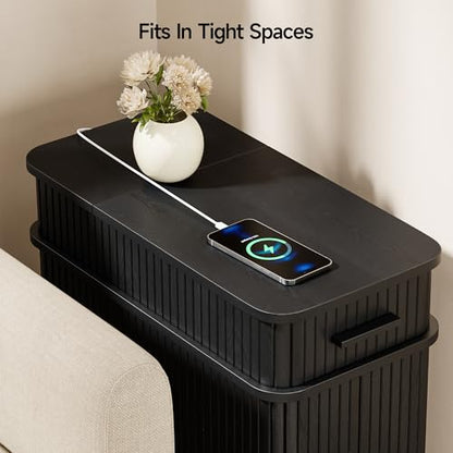 Fluted End Table with Charging Station, Narrow Side Table with Drawers, Skinny Nightstand with Storage, Mid-Century Modern Bedside Tables for Small Space Living Room Sofa Couch, Patent Pending - color: Black