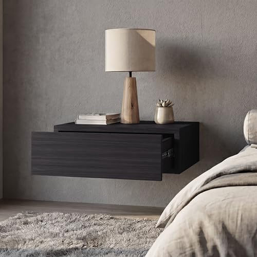 FM FURNITURE Vienna 1 Drawer Floating Nightstand, Wall Mounted Bedside Table with Open Storage Shelf, Modern Bedroom Furniture, Dark Brown Finish - color: Black