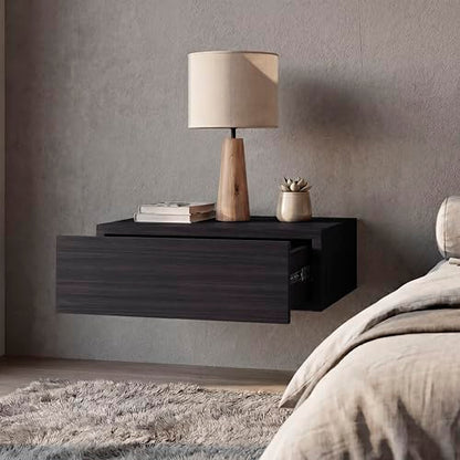 FM FURNITURE Vienna 1 Drawer Floating Nightstand, Wall Mounted Bedside Table with Open Storage Shelf, Modern Bedroom Furniture, Dark Brown Finish - color: Black