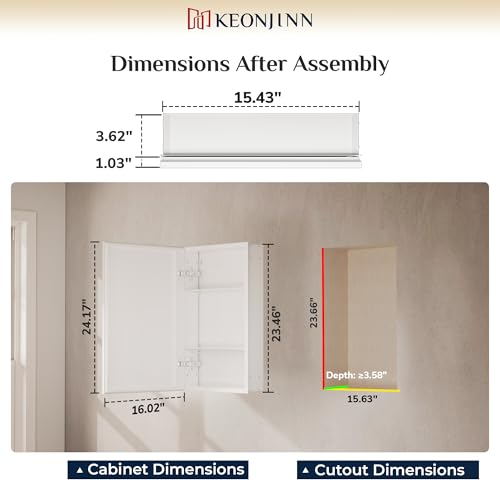 Keonjinn White Medicine Cabinet Mirror 16 x 24, Stepless Adjustable Shelves | Assembly Needed, Wall-Mounted or Recessed, Lightweight Aluminum, Beveled Framed Bathroom Mirror with Storage, Tempered Glass - color: White, size: 16x24 In