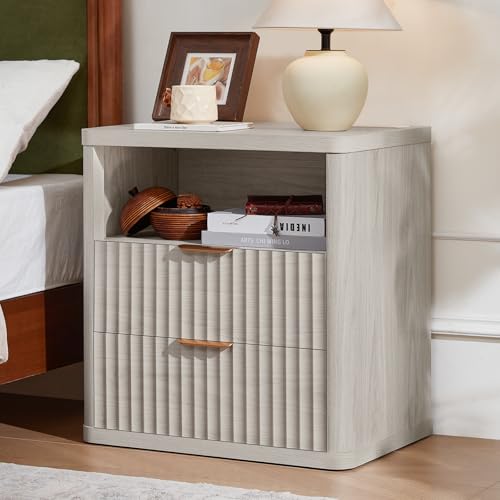 LEYAOYAO Fluted Nightstand with Charging Station, 23" Wide 2 Drawers Night Stand,LightGrey End Table with Open Storage,Farmhouse Bed Side Tables, Wood Dresser for Bedroom, Living Room, Closet - color: Blue, size: 2 Drawers