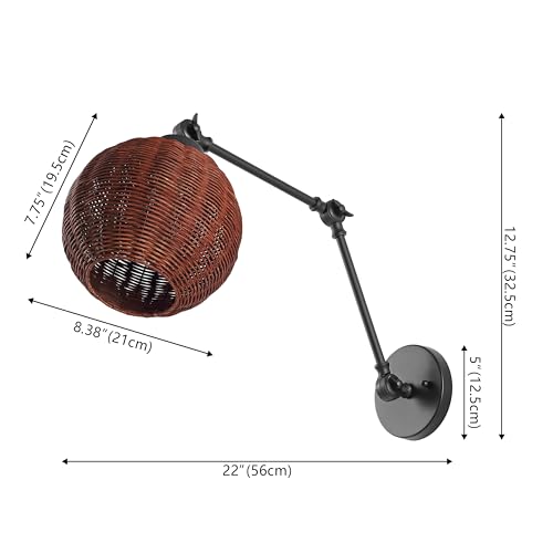 JONATHAN Y Lyla 8.38" 1-Light Swing Arm Sconce Rattan, Black/Dark Brown | Mid-Century Vintage Bohemian Globe Shade, Reading Light, Metal Construction, Hardwired, LED Bulb Included