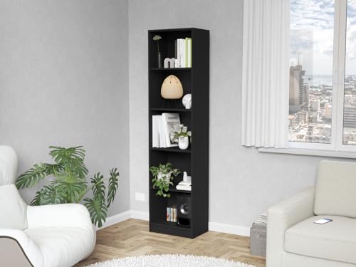 Slim Bookcase 15.35 Inch Width: Modern 5-Shelf Storage Unit for Small Spaces - Vertical Design Black Wood-Based Material for Apartments & Home Office Organization