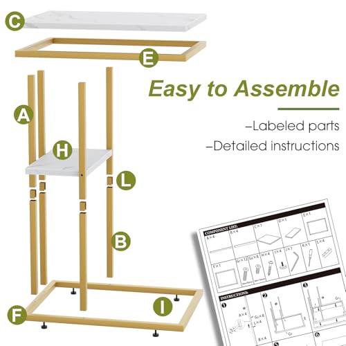 C Shaped End Table, Couch Side Table that Slide Under | TV Trays for Eating on Couch, Narrow Sofa Tables for Small Space Living Room, Bedroom, White + Gold - color: White Marble+gold