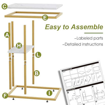 C Shaped End Table, Couch Side Table that Slide Under | TV Trays for Eating on Couch, Narrow Sofa Tables for Small Space Living Room, Bedroom, White + Gold - color: White Marble+gold