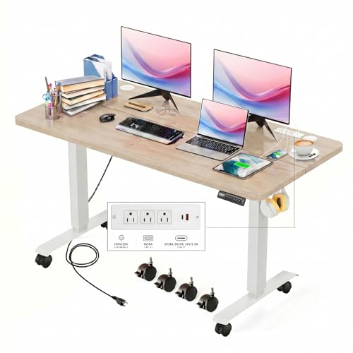 Electric Standing Adjustable Height Desk 48'' x 24''Sit Stand Desk with Charging Station, 2 USB Ports, 3 Power Outlets, 27''-46'' Lifting Range Computer Workstations(Oak) - color: Gery, size: 48 x 24''
