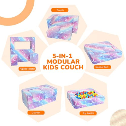 MeMoreCool Glow in Dark Rainbow Kids Couch, Modular Fold Out Play Sofa | Rainbow glow in dark kids couch folds out to bed, fort or chair, machine washable velour - color: Rainbow