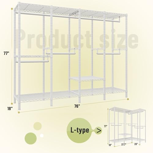 Raybee Heavy Duty Clothes Rack, 1150lbs Capacity, Adjustable | 76" W Freestanding, Steel Structure, 4 Rods & 6 Shelves, Tool-Free Assembly, Sturdy for Closet, Bedroom, White - color: White, style: Heavy Duty Clothes Rack