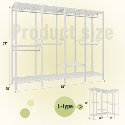 Raybee Heavy Duty Clothes Rack, 1150lbs Capacity, Adjustable | 76" W Freestanding, Steel Structure, 4 Rods & 6 Shelves, Tool-Free Assembly, Sturdy for Closet, Bedroom, White - color: White, style: Heavy Duty Clothes Rack