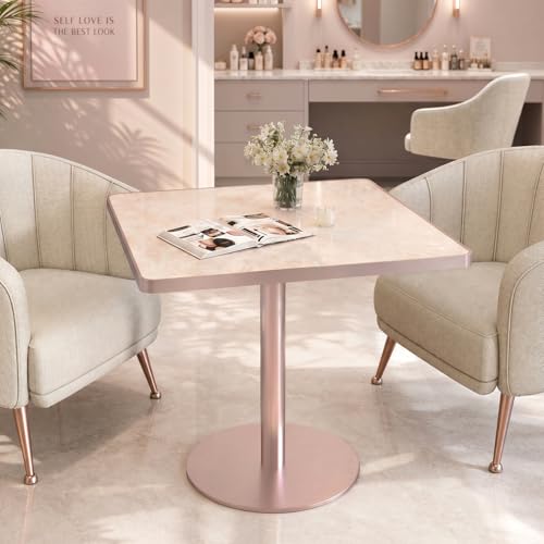 31.5'' Tulip Table, Square Dining Table with Glossy Sintered Stone Tabletop | Rose Gold Aluminum Alloy Edge & Pedestal, Small Bistro Table for Dining Room/Café/Small Spaces/Restaurant (Blush Onyx) - color: Blush Onyx (Rose Gold), size: Square