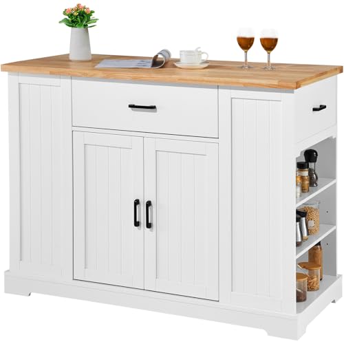 VEVOR 46" Wood Top Breakfast Bar with Storage Cabinet, Farmhouse Kitchen Table with Adjustable Shelf, Drawer, for Dining Kitchen Living Room, White - color: White
