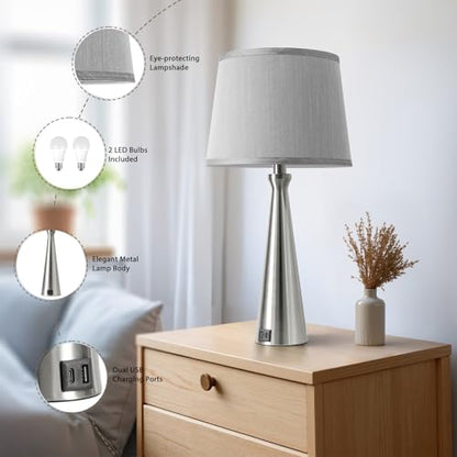 Modern Touch Lamps for Nightstand, 3 Way Dimmable Bedroom Lamp Set of 2 | USB C+A Charging Ports, Silver Bedside Lamps for Bedroom, Living Room, End Table, Bed Side, LED Bulb Included - color: B. Silver Base-Grey Shade