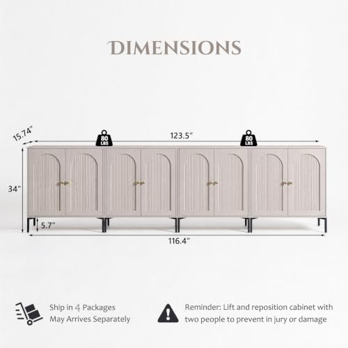 IFBUY 123.5" W Mid Century Modern TV Stands for Living Room, Light Grey | Wood Entertainment Center w/Adjustable Shelves, Media Console w/Arched Fluted Doors, Entryway Cabinet Fits 80, 85, 95 Inch TV - color: Light Grey, size: 15.75"D x 123.5‬"W x 34"H