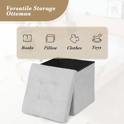 Athena Collection 15" Storage Ottoman Bench Folding Bench with 40L Hidden Storage, Small Cube Ottoman Linen Foot Rest Stool Chest with Flipping Lid for Living Room, Bedroom, Entryway, Light Gray