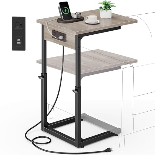C Shaped End Table with Charging Station, Adjustable Height Side Table for Couch, C Table End Table Couch Table that Slide Under, Sofa Table TV Tray Arm Tables for Living Room, Bedroom, Gray - color: Greige, style: Charging Station