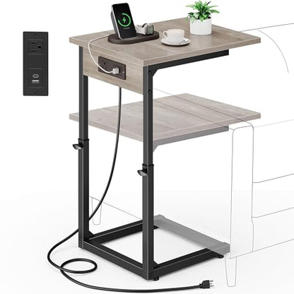 C Shaped End Table with Charging Station, Adjustable Height Side Table for Couch, C Table End Table Couch Table that Slide Under, Sofa Table TV Tray Arm Tables for Living Room, Bedroom, Gray - color: Greige, style: Charging Station