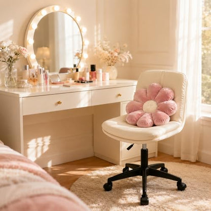 Vanity Chair with Back, Armless office Chair with wheels and Lumbar support, Comfy PU Leather Desk Computer Chairs with Adjustable Height, 360°Swivel for Home Office, Computer Desk & Vanity Beige - color: White