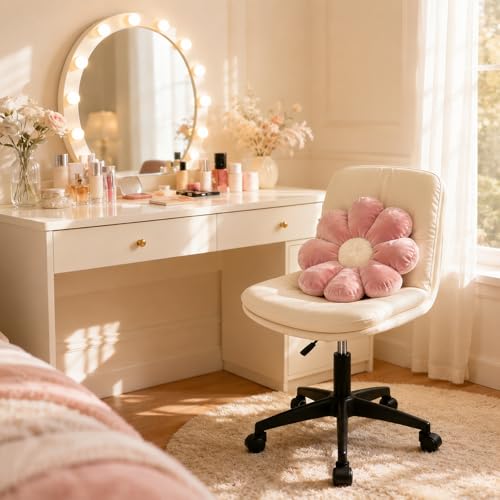 Vanity Chair with Back, Armless office Chair with wheels and Lumbar support, Comfy PU Leather Desk Computer Chairs with Adjustable Height, 360°Swivel for Home Office, Computer Desk & Vanity Beige - color: White