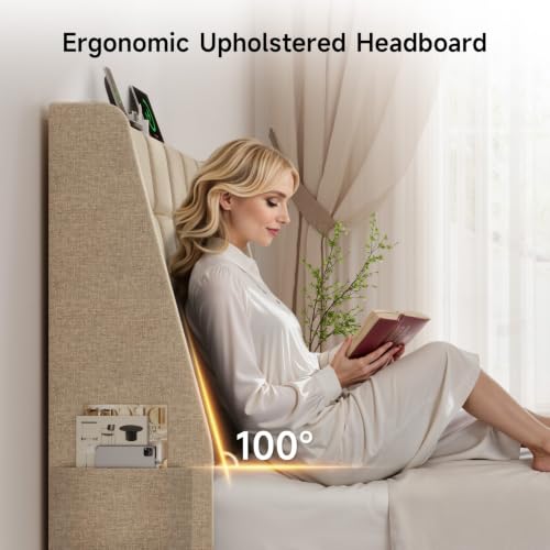 Ergonomic Upholstered Full Size Headboard w/Charging Station, Linen Wingback Headboards w/Storage Pocket, Full Headboard Only, Bed Frame Adapters, Sturdy Solid Wood Bed Head Board, Beige - color: Beige, size: Full