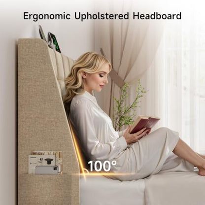 Ergonomic Upholstered Full Size Headboard w/Charging Station, Linen Wingback Headboards w/Storage Pocket, Full Headboard Only, Bed Frame Adapters, Sturdy Solid Wood Bed Head Board, Beige - color: Beige, size: Full