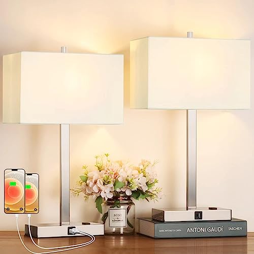 21" Touch Bedside lamps with 2 USB & AC Outlets, 3-Way Dimmable Bedside Table Lamps Set of 2 for Bedroom Living Room Office Reading, White Shade Lamps for Night Stands, 3000K LED Bulbs Included - color: (2 pack)White Cream Linen & Brushed Nickel(Base)-300
