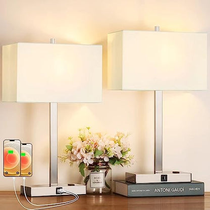 21" Touch Bedside lamps with 2 USB & AC Outlets, 3-Way Dimmable Bedside Table Lamps Set of 2 for Bedroom Living Room Office Reading, White Shade Lamps for Night Stands, 3000K LED Bulbs Included - color: (2 pack)White Cream Linen & Brushed Nickel(Base)-300