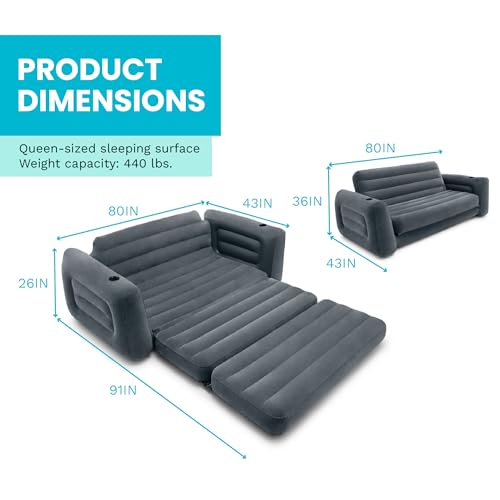 Intex Inflatable Pull-Out Sofa Bed with 2-Pack Lounge Chair and Ottoman Set | 66552EP Convertible Queen Airbed and 66551EP Portable Lounger for Bedroom, Dorm & Living Room (Pump Not Included)