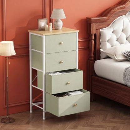 DUMOS Nightstand, Bedside Table with 4 Fabric Drawers | Night Stand with Removable Bins, Steel Frame Wood Top, Small Dresser for Bedroom Closet, Living Room, Light Green - color: Light Green, size: 11.8"D x 17.7"W x 37.4"H (4 Drawers)
