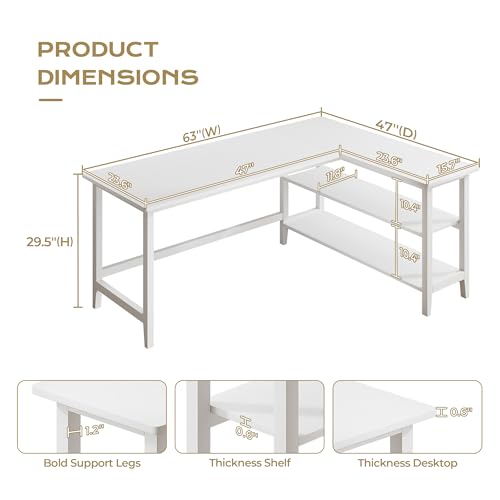 IOTXY 63" Reversible L-Shaped Office Desk with Storage Shelves, White | Solid Rubberwood Legs, 0.6" MDF Desktop, Reversible 2-tier Shelves, Extra Large Corner Computer Table for Multiple Monitors - color: White, size: 63-inch