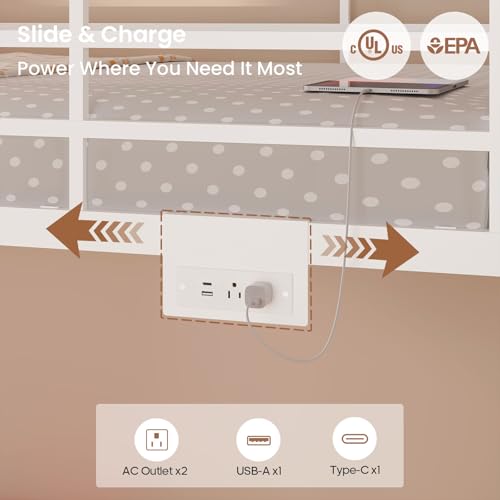 ADORNEVE Low Bunk Bed Twin Over Twin with Bookshelf, Drawers, White | Metal Floor Bunk Bed with RGB Lights, Charging Station, Toy Organizer, Safety Guardrail & Ladder, Small Space - color: White