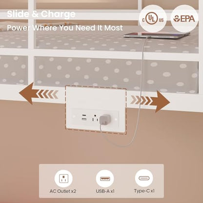 ADORNEVE Low Bunk Bed Twin Over Twin with Bookshelf, Drawers, White | Metal Floor Bunk Bed with RGB Lights, Charging Station, Toy Organizer, Safety Guardrail & Ladder, Small Space - color: White