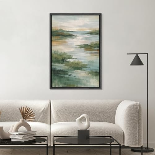 SIGNWIN Framed Canvas Print Wall Art Serene Green Lake Landscape Abstract Nature Water Scene Illustrations Modern Art Minimal Multicolor for Living Room, Bedroom, Office - 16"x24" BLACK - color: B07-2603-EDW05, size: 24"L x 16"W