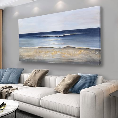 Yuaxker Ocean Wall Art Blue and Gold Modern Minimalist Wall Decor Sea Wave and Beaches Canvas Painting for Living Room Bedroom Dinning Room Home Office Home Decor 24x48 inch - color: ocean blue, size: 24"x48"