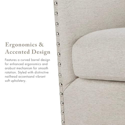 Madison Park Swivel Barrel Accent Chair, Upholstered Curved Back with 7-Inch Thick Woven Cushion, 360° Swivel, Nailhead Trim, Comfy Chair for Living Room, Bedroom, Office, 28" Wide, Neutral, Tyler - color: Natural Multi