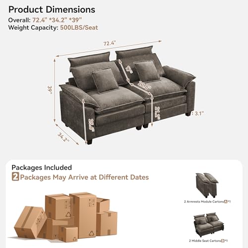 72'' Cloud Modern Loveseat Couch with Detachable Headrest, Modular Sectional Sofa Couch Deep Love Seat, Oversized 2 Seater Chenille Comfy Sofa with Armrests for Living Room, Brown - color: Brown, size: Loveseat