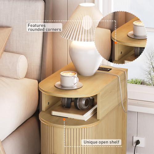 Narrow End Table with Charging Station, Fluted Sofa Side Table with Sliding Curved Door and Storage Shelf, Mid-Century Bedside Table, Modern Nightstand for Living Room, Bedroom, Natural - color: Natural