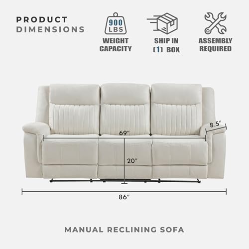 Lexicon Polished Microfiber Wall Hugger Manual Double Reclining Sofa, Beige | 86"W Upholstered 3 Seater Manual Sofa Recliner for Living Room/Apartment, Tool Free Assembly - color: Beige, size: Reclining Sofa