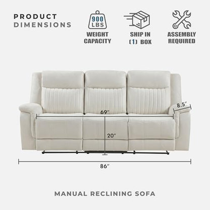 Lexicon Polished Microfiber Wall Hugger Manual Double Reclining Sofa, Beige | 86"W Upholstered 3 Seater Manual Sofa Recliner for Living Room/Apartment, Tool Free Assembly - color: Beige, size: Reclining Sofa