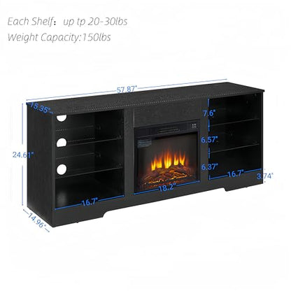 Modern 58 inch TV Stand with 18 inch Electric Fireplace, Entertainment Center with LED Lights and Power Outlets, Black Media Console with Glass Shelves for Living Room up to 65 inch TV - color: Black-x-57.87 X 15.35 X 24.61 Inch