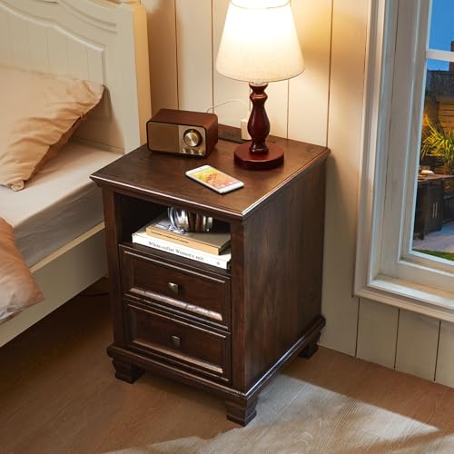 Farmhouse Nightstand with Charging Station, Walnut | End Tables Bedroom with 2 Drawers, Traditional Night Stand with Open Shelf & Thickened Top & Square Wooden Legs - color: Walnut, size: 18"D x 18"W x 25"H (2 Drawers)