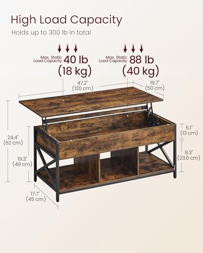 VASAGLE Lift Top Coffee Table, Lift Coffee Table with Storage Shelf, Hidden Compartments and Lifting Top, for Living Room, Office, 19.7 x 47.2 x (19.3-24.4) Inches, Rustic Brown and Black ULCT212B01 - color: Rustic Brown + Black, size: 47.2"W x 24.4"H