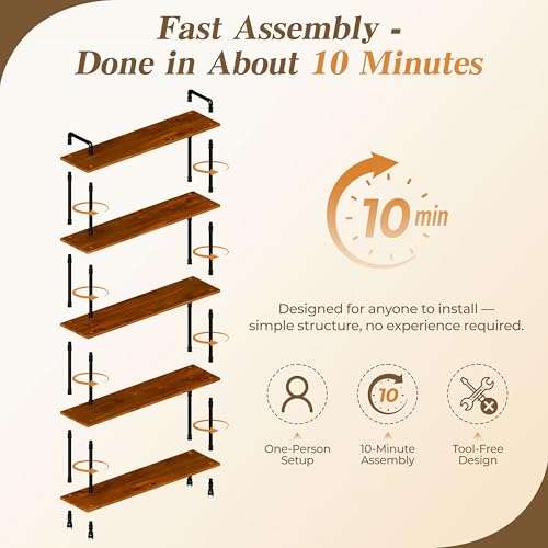 Industrial Bookshelf, Pipe Shelf Bookcase, 5 Tier, 48" Walnut | Solid pine shelves, 48 inch wide, black pipe frame, 50 lbs per shelf, open bookcase for books, plants, office - color: Walnut Brown, size: 48"L × 70"H
