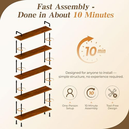 Industrial Bookshelf, Pipe Shelf Bookcase, 5 Tier, 48" Walnut | Solid pine shelves, 48 inch wide, black pipe frame, 50 lbs per shelf, open bookcase for books, plants, office - color: Walnut Brown, size: 48"L × 70"H