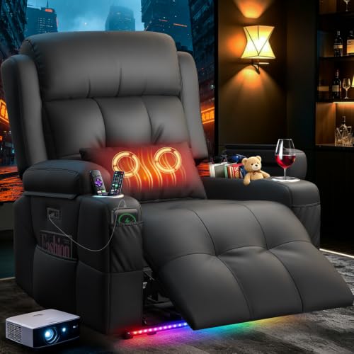 Home Theater Seating, Power Recliner Sofa Single Chair with Massage & Heat | Wall Hugger Reclining Single Chairs with USB, RV Furniture with LED Lights, Cup Holders for Movie Theater, Gaming Room - color: Dark Gray, size: 34" - 1 Seat