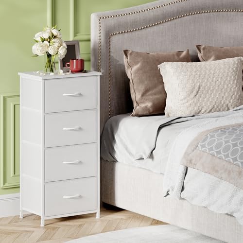 Somdot Dresser for Bedroom, 4 Drawer Storage Cabinet, White | Tall Nightstand Fabric Dresser with Removable Bins, Steel Frame and MDF Wood Top, Closet, Nursery, Dorm or Entryway Storage - color: White, size: 11.8"D x 16.5"W x 36.6"H (4 Drawers)