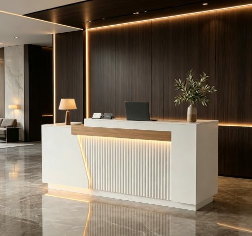 87" Modern Front Desk Reception Counter,Commercial Reception Room Tables with Built-in Outlets,Combination Lock Drawers, LED Lights for Office Beauty Salon Retail Store,White - color: Right-white, size: 86.6''L x 26''W x 41.34''H