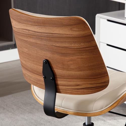 Home Office Desk Chair with Rubber Wheels, Armless Bentwood, Beige | Adjustable Height Armless Office Chair, PU Leather Mid Back 360°Small Computer Chair, No Arms Walnut Seating, 300LBS Support - color: Beige, size: Standard Style
